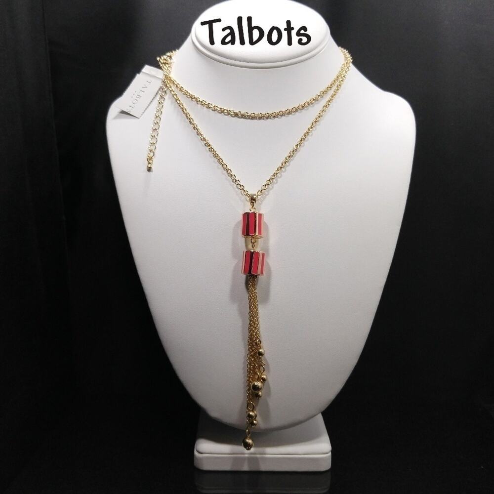 Talbots Gold Tassel Long Necklace, Red Enamel Beads, New With Tags